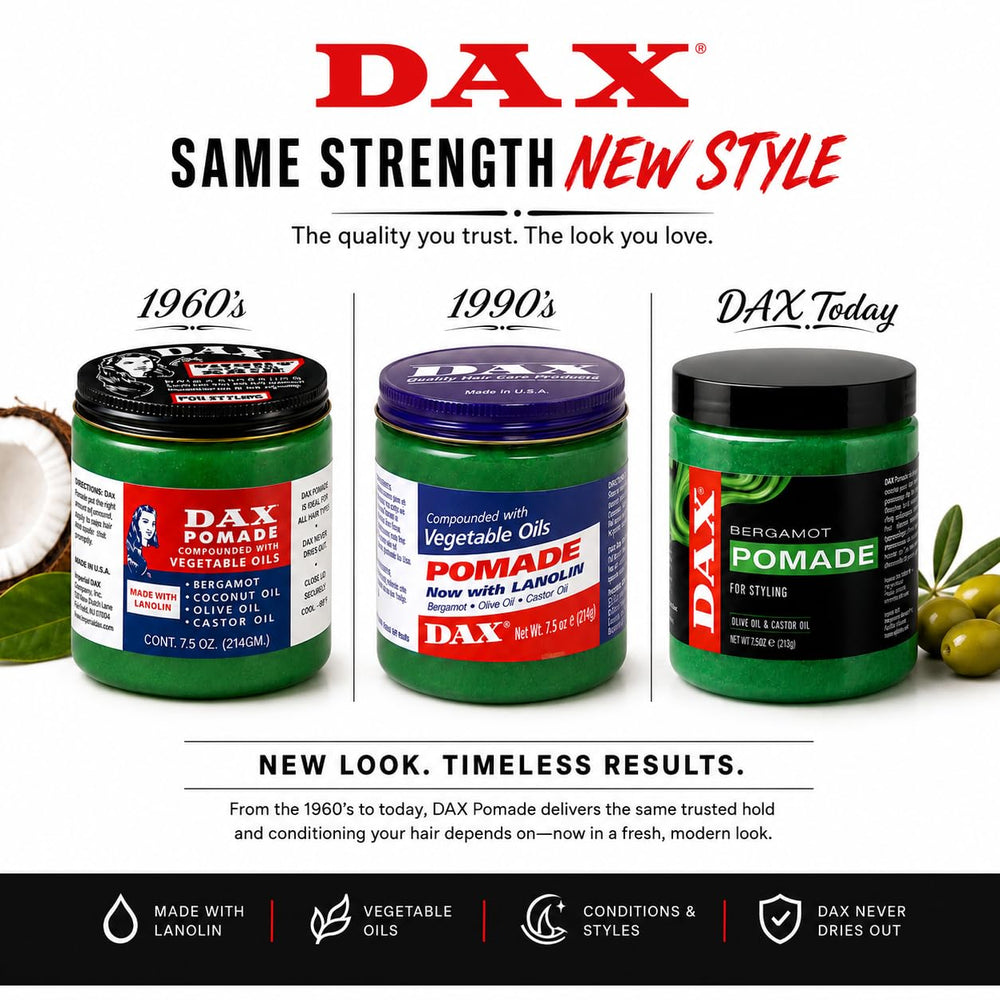 DAX pomade jar beside measuring tape showing size and long-lasting supply