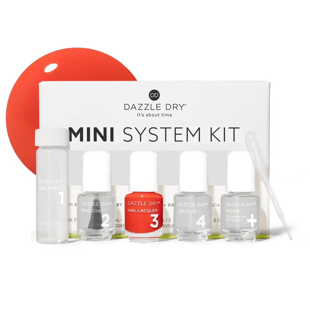 Dazzle Dry mini kit front packaging showing all five bottles and benefits