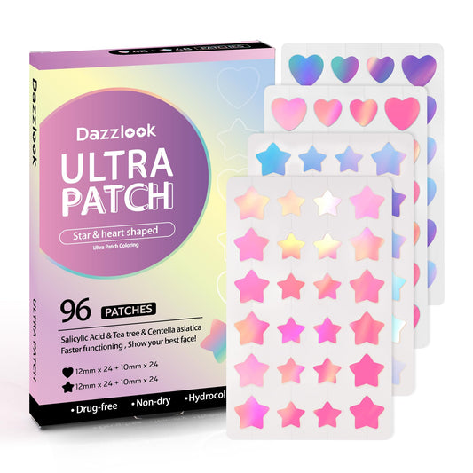 Dazzlook front packaging showing iridescent star and heart stickers and 96pcs benefit: fun protection