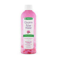 De La Cruz front bottle showing rose water glycerin and benefits of hydration