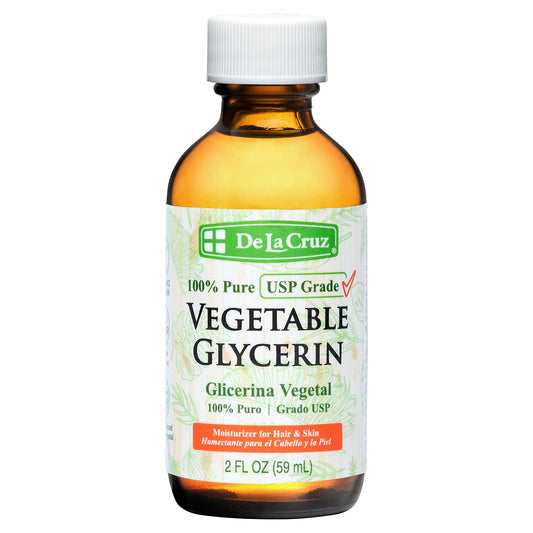 De La Cruz glass bottle front showing clean glycerin packaging and storage benefit
