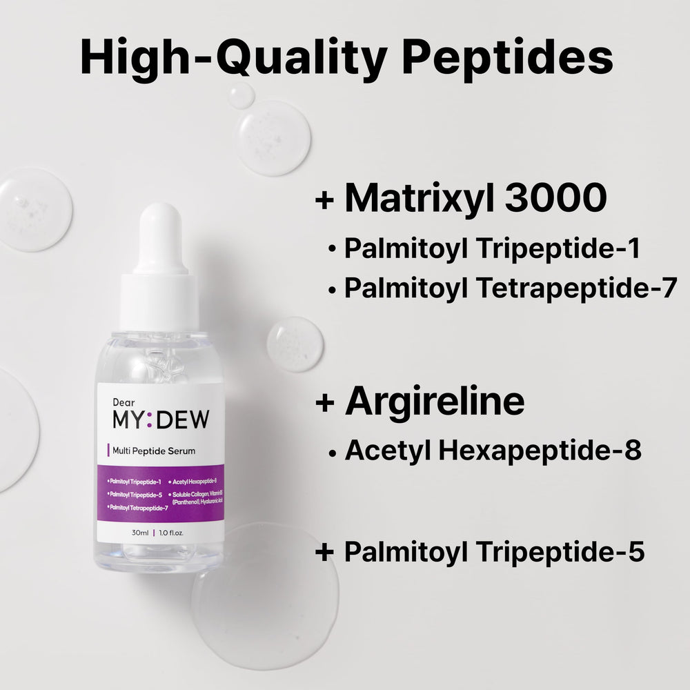 DearMYDEW ingredients flatlay showing peptides, niacinamide, hyaluronic support
