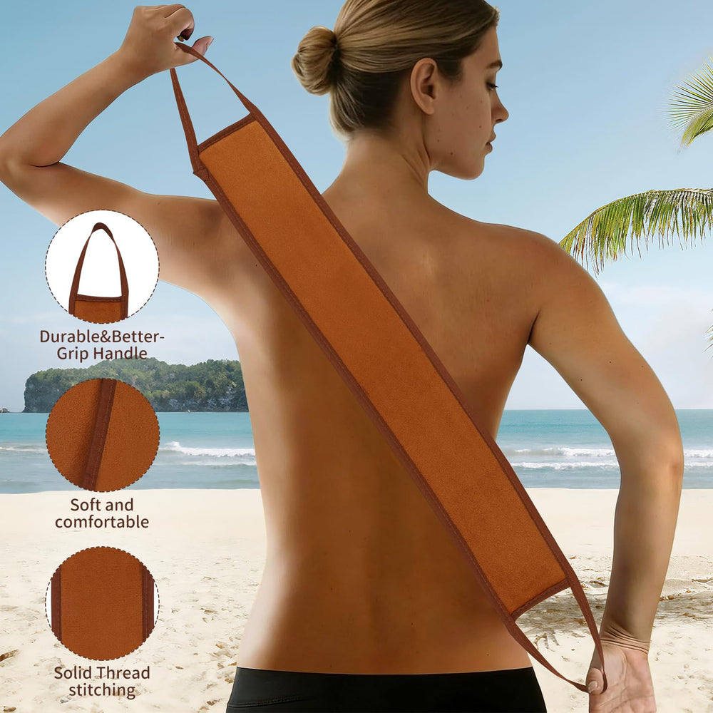 DEBETOOL long-handled back applicator extended to reach shoulder and back
