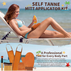 DEBETOOL mitt in use applying self-tanner for even, palm-free finish