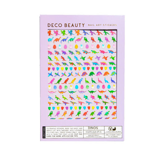 Deco Beauty front packaging showing dinosaur nail stickers, quick salon-style results