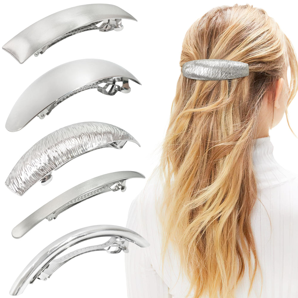 DED silver hair clips front view showing five barrettes and neat finish for versatile styling