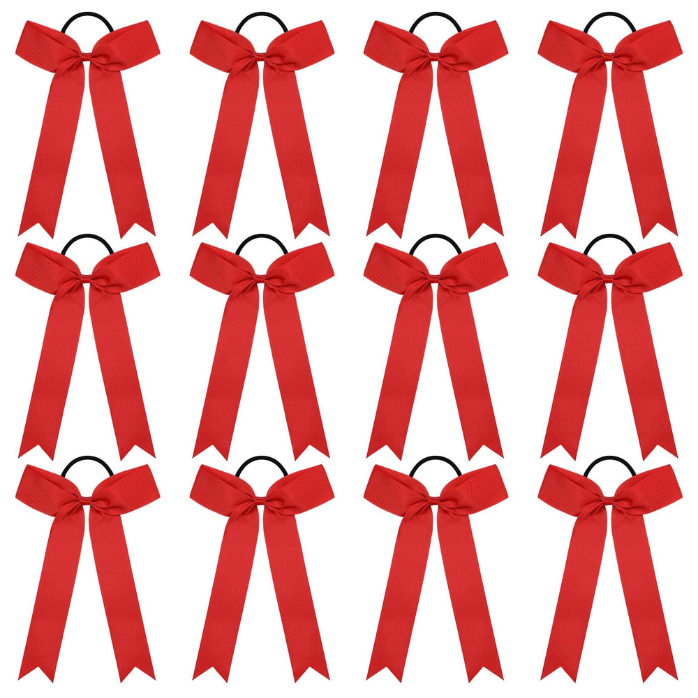 DEEKA front view of red collegiate cheer bow showing shape and shine benefit of visibility
