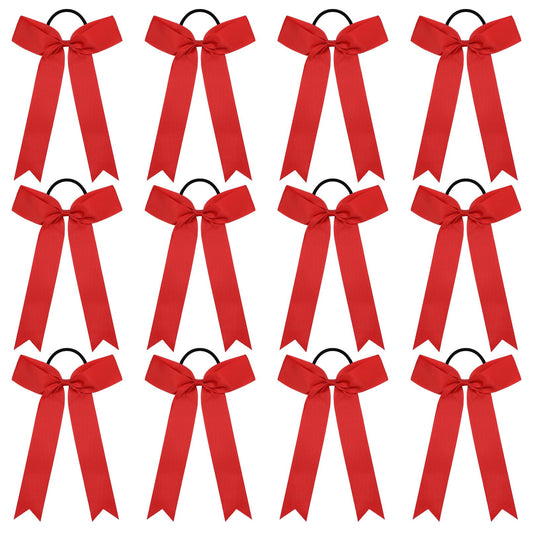 DEEKA front view of red collegiate cheer bow showing shape and shine benefit of visibility