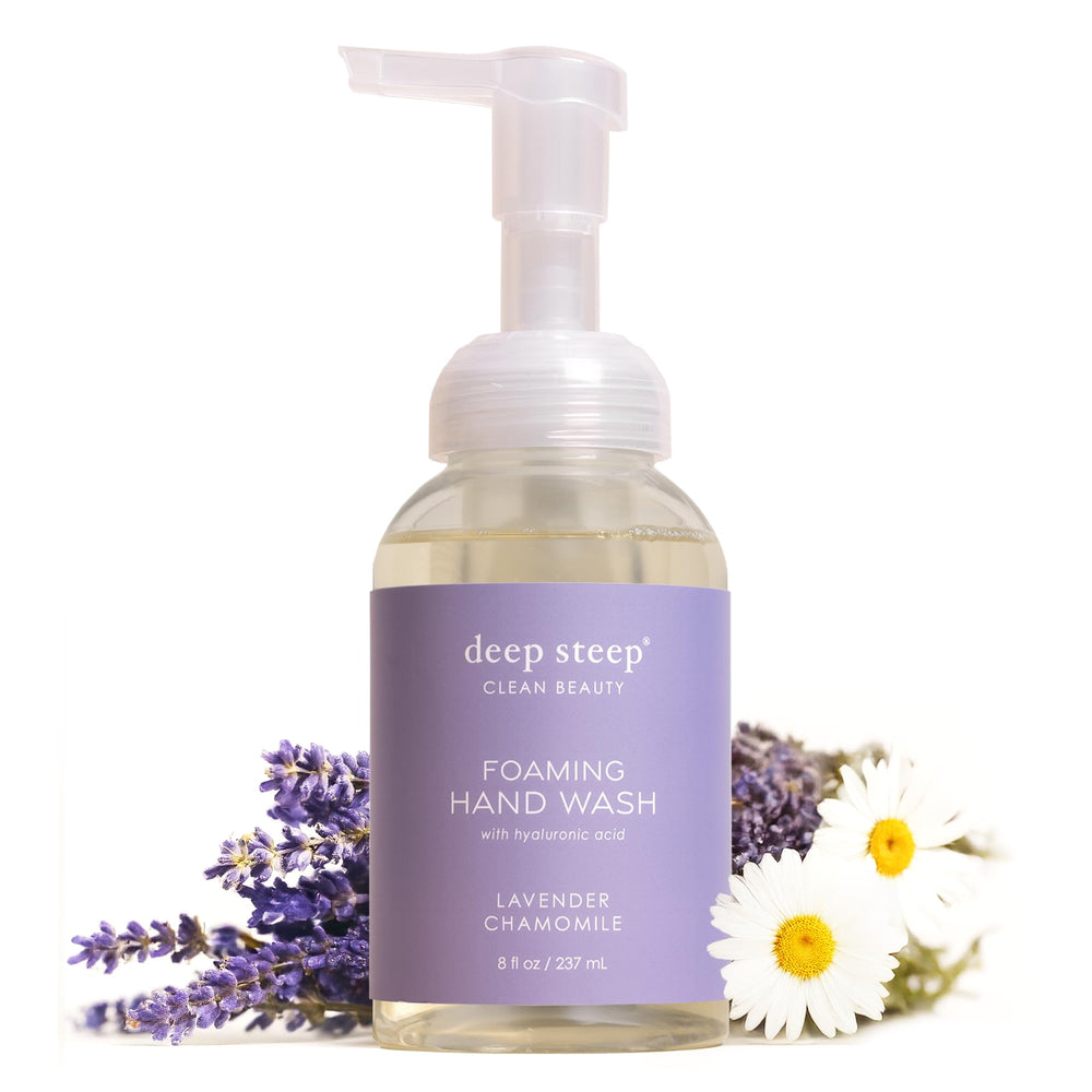 Deep Steep front pump bottle showing lavender chamomile label and easy dispensing benefit