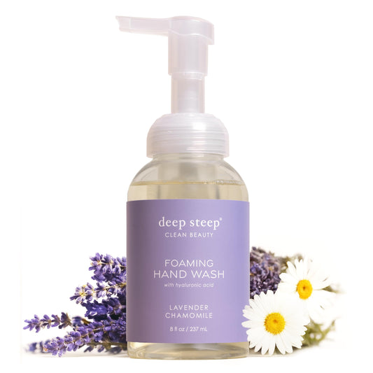 Deep Steep front pump bottle showing lavender chamomile label and easy dispensing benefit