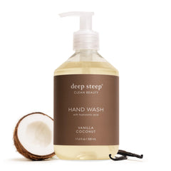 Deep Steep front packaging showing bottle and warming vanilla-coconut scent benefit