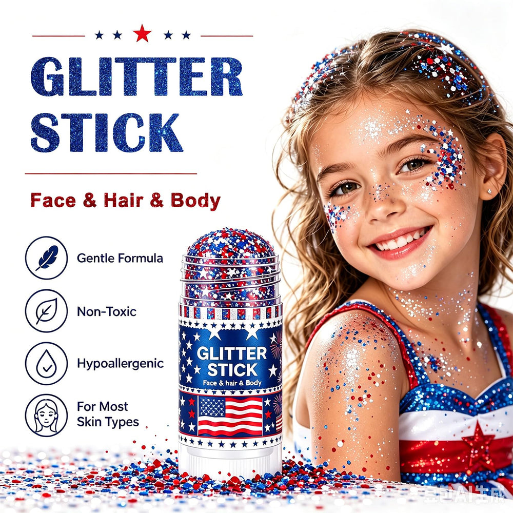 Deepmind glitter stick on model under-eye for bold patriotic makeup