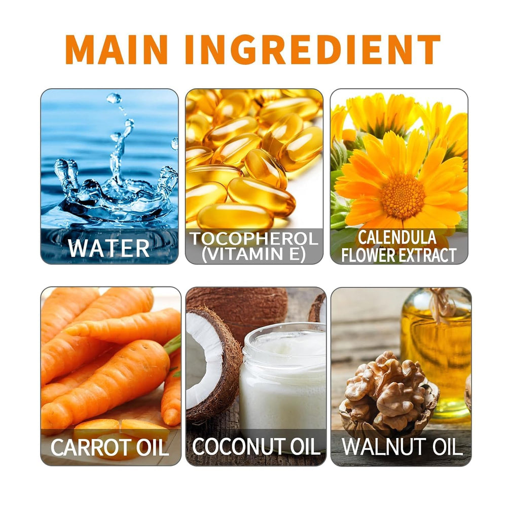 DEERELF natural oils display with carrot and coconut highlighting nourishing benefits