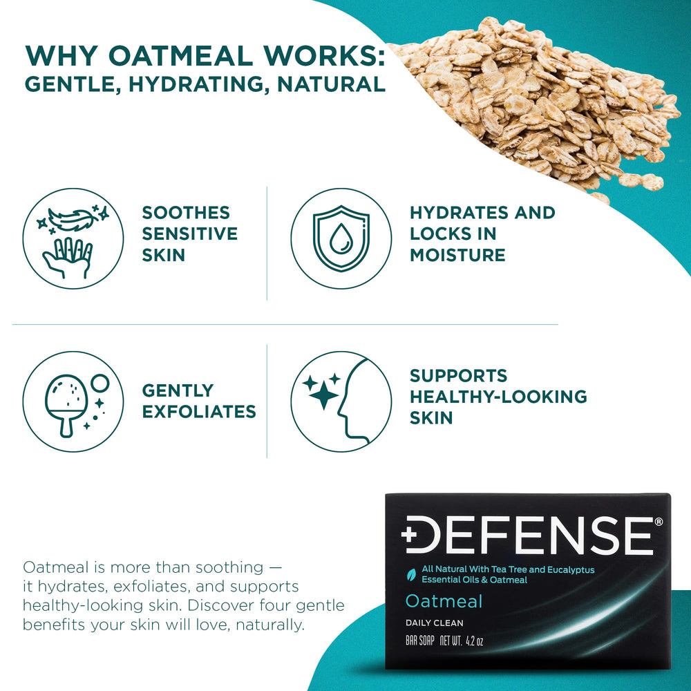 Defense Soap ingredients label close-up showing tea tree and eucalyptus benefits