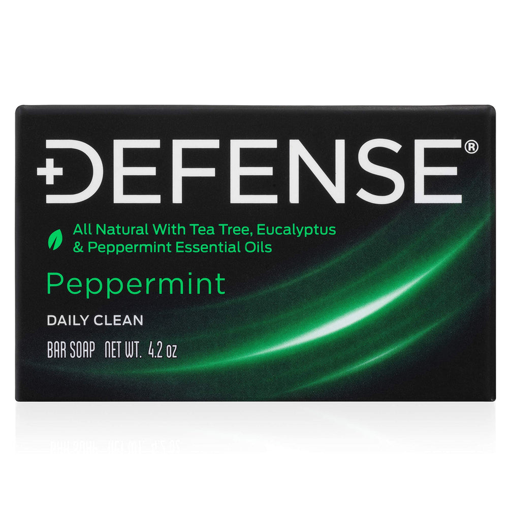 Defense Soap peppermint bar front packaging showing brand and natural benefits