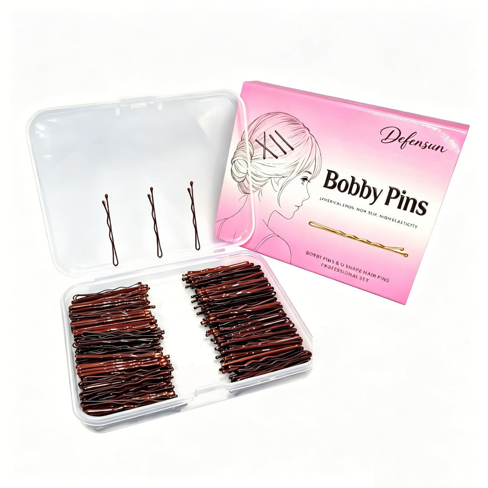DEFENSUN front packaging showing 200 brown mini bobby pins, neat supply for stylists