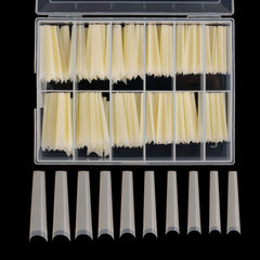 Defuber front packaging showing 240 natural ballerina tips and clear box for easy selection