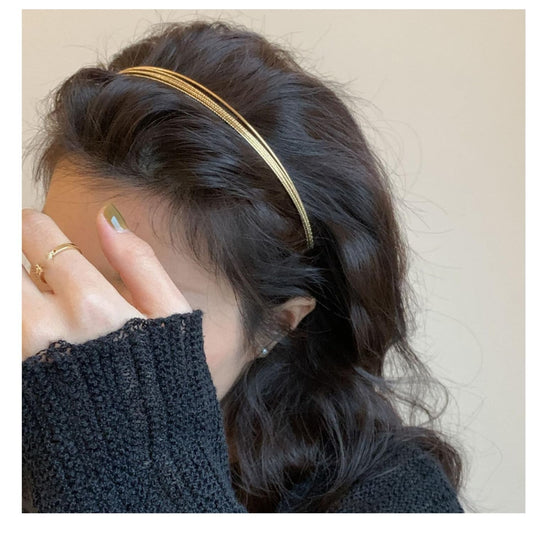 Deghew gold headband front view showing slim layered bands and refined finish for elegant styling