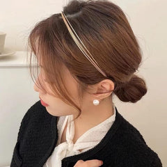 Deghew gold headband worn in hair demonstrating polished look and lightweight hold for daily wear