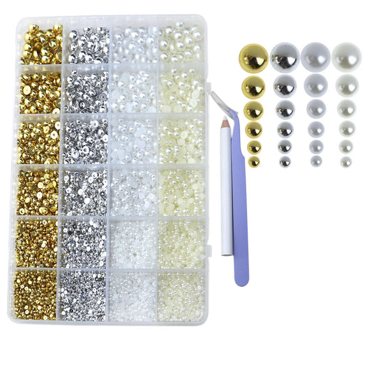 Delgoash front box open showing organized pearl compartments and included tweezers for easy craft setup