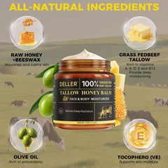 Deller open jar top view revealing creamy tallow and honey balm