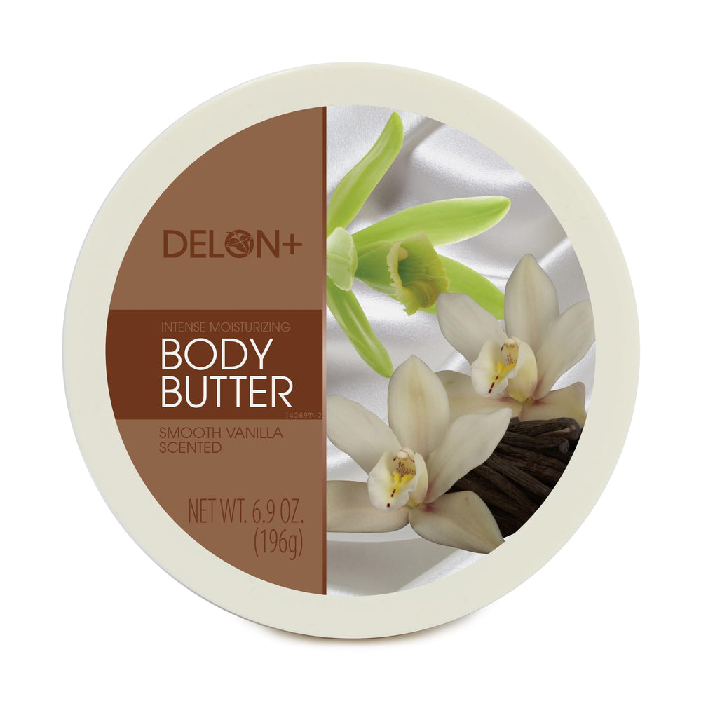 DELON front jar shot showing smooth vanilla scent and quick absorption benefits