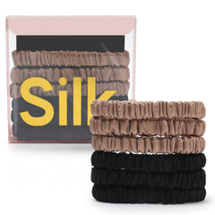 DEMAZALO front packaging showing six silk scrunchies and neat box, elegant gift-ready
