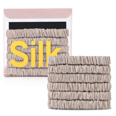DEMAZALO front packaging showing six silk scrunchies and gift box, elegant presentation