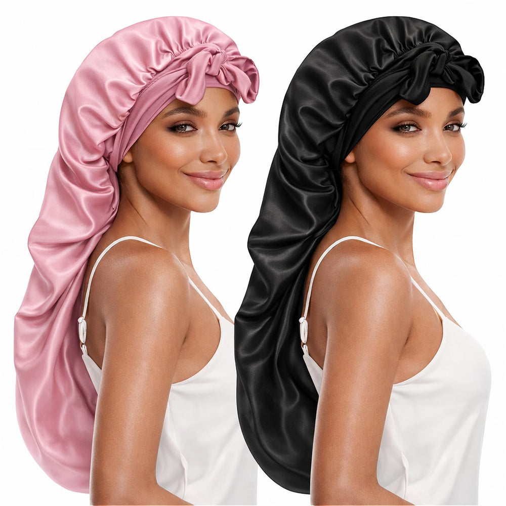 DEMAZALO front view of black and pink bonnets showing roomy fit benefit