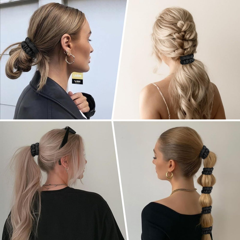 DEMAZALO six black silk scrunchies laid flat showing consistent quality and outfit versatility
