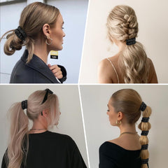 DEMAZALO six black silk scrunchies laid flat showing consistent quality and outfit versatility