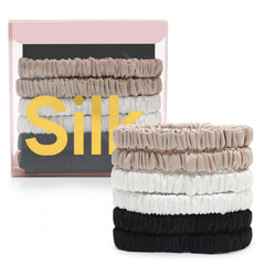 DEMAZALO front packaging showing six silk hair ties and gift box benefit elegant storage