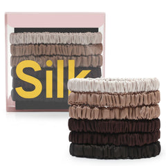 DEMAZALO silk scrunchies front packaging showing neutral colors and compact set benefit