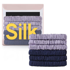DEMAZALO front packaging showing six silk scrunchies and box for easy gifting