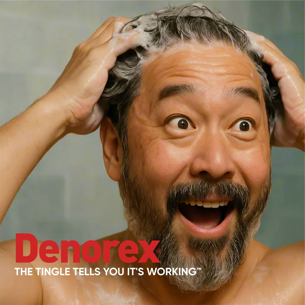 Denorex label noting 3% salicylic acid for flake control benefit