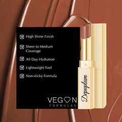 Depuplum DM72 lip application on model showing natural glossy brown enhancement