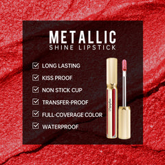 Depuplum DP104 on model lips demonstrating bold metallic finish and long-wear effect
