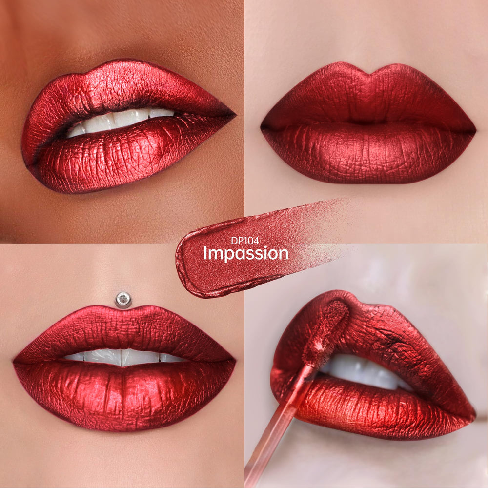 Depuplum DP104 swatch on arm showing dark red metallic payoff for color reference
