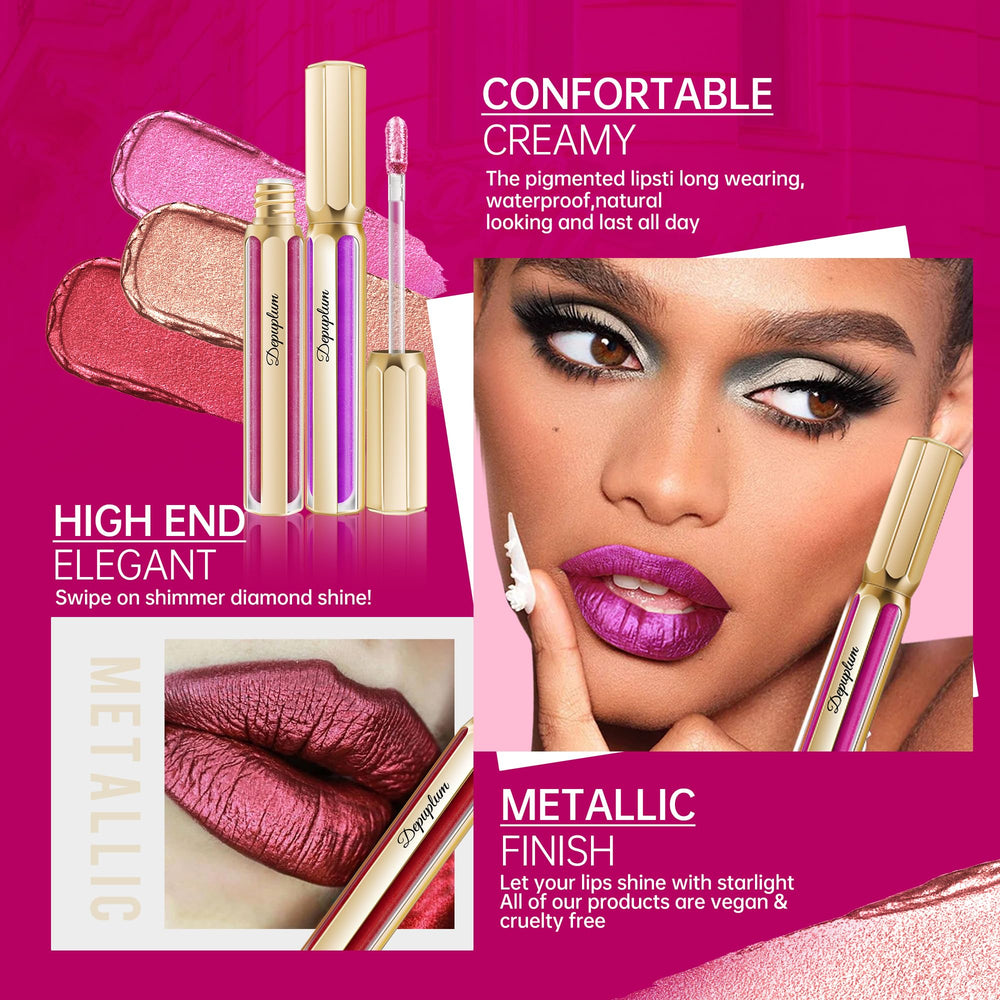 Depuplum DP115 applied on model lips for bold, full-coverage metallic effect