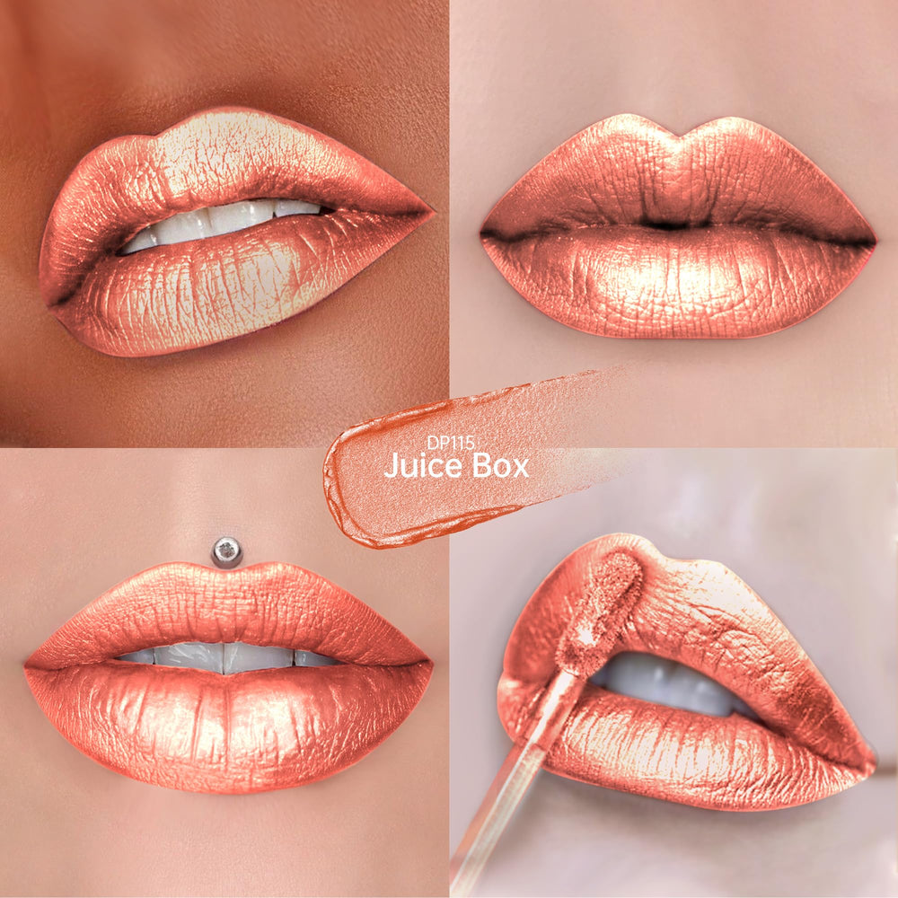 Depuplum DP115 swatch on skin showing peach red pigment and reflective shimmer