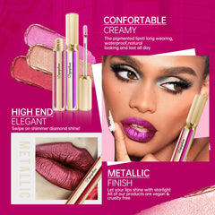 Depuplum on model showing metallic pink lipstick for a glam look