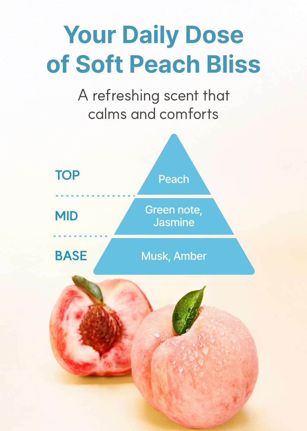 Derma B bottle on bathroom shelf with peach accents showing pleasant scent benefit