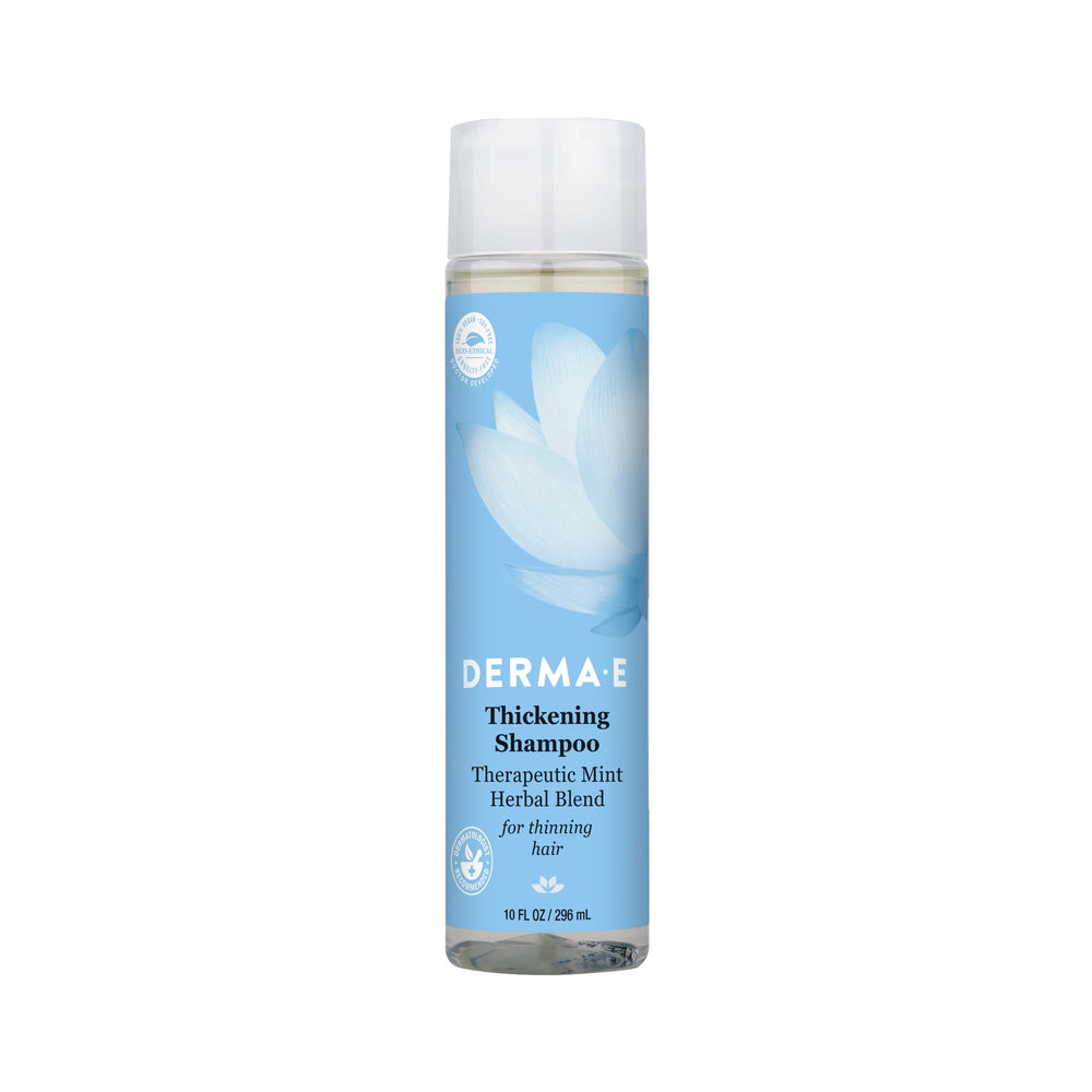 Derma E bottle front view showing thicker hair benefit