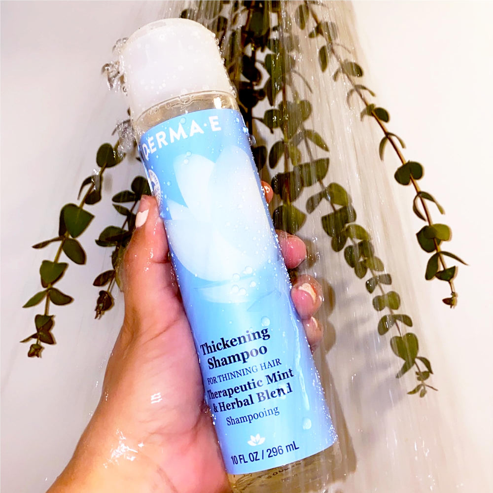 Derma E shampoo paired with conditioner for fuller hair routine