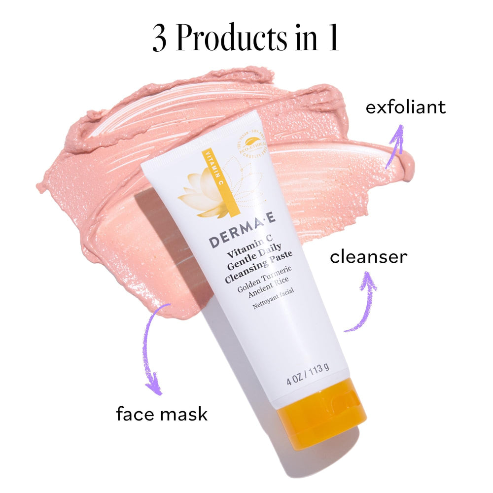 Derma E tube with turmeric and rice ingredients flatlay showing natural formulation benefits