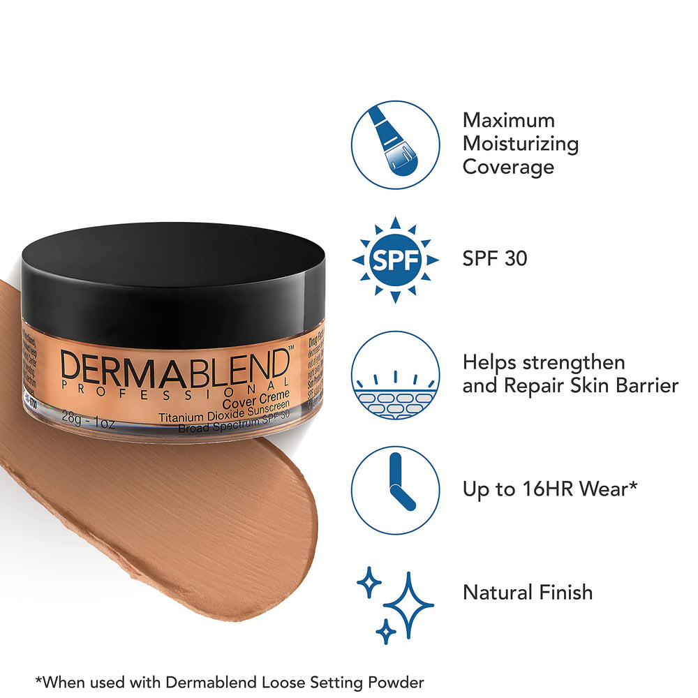 Dermablend open jar close-up highlighting smooth cream and pigment payoff