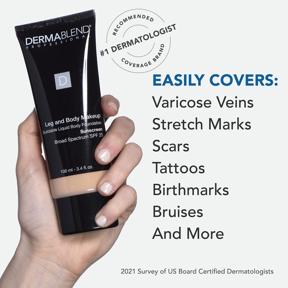 Dermablend bottle next to a hand for scale and travel convenience
