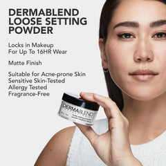 Dermablend setting powder under-eye use showing longer-wear benefit