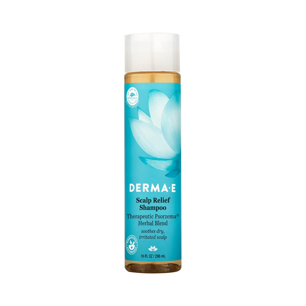Derma E shampoo front packaging showing bottle and calming benefit