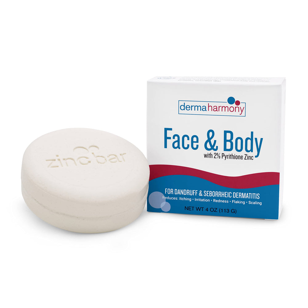 Dermaharmony bar front packaging showing unscented formula and 2% pyrithione zinc benefit